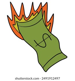Doodle minimalistic vector burning money with flames
