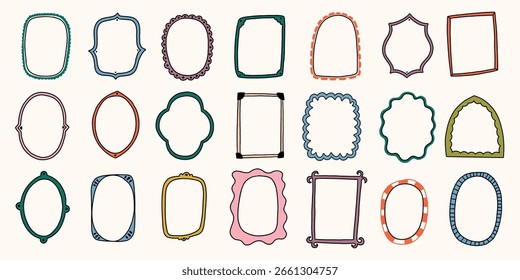 Doodle Mirror Frame Set. Vintage Wall Gallery Painting Border. Cartoon Vector Illustration