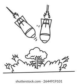 míssil de doodle e explosão em estilo cartoon