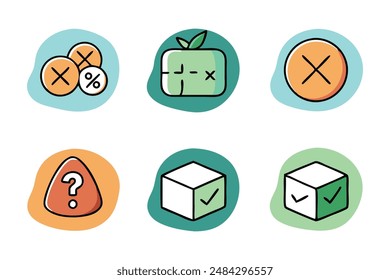 Doodle mistake, right, cross, Related colorful icon set flat illustration on white background.