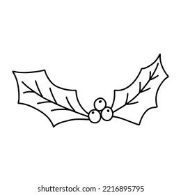 Doodle mistletoe leaf. Cartoon element, vector sketch illustration, black outline art for web design, icon, print, coloring page