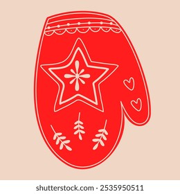 Doodle mitten.Decorative Swedish element for Christmas, New Year design. Hand-drawn vector illustration isolated on beige background. Vector illustration EPS10