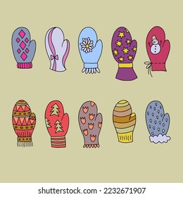 Doodle imita y guantes con diferentes texturas y colores. Para postal, pegatina, embalaje.