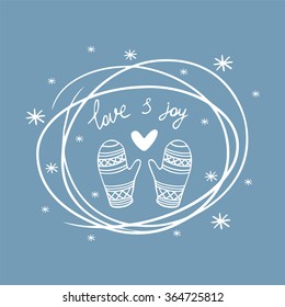 Doodle with mittens and snowflakes. Vector illustration.