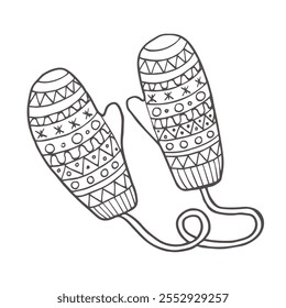 Doodle mittens, winter clothes, gloves. Knitted wear, symbol of warm. Hand drawn vector isolated on white background.