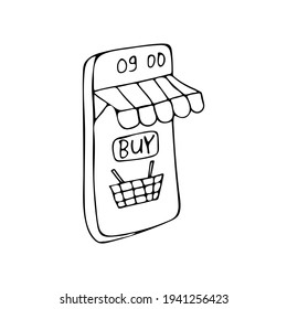 Doodle mobile market icon in vector. Online shopping concept with phone and shop. Hand drawn online shopping concept with phone display and market