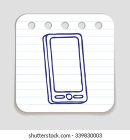 Doodle Mobile phone icon. Blue pen hand drawn infographic symbol on a notepaper piece. Line art style graphic design element. Web button with shadow. Connection, customer service, smartphone concept.
