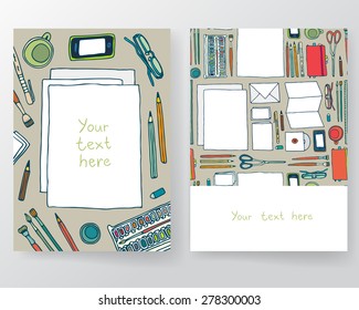 Doodle mockup illustration. Corporate identity, stationery, top view. Workspace. Brochure design template.