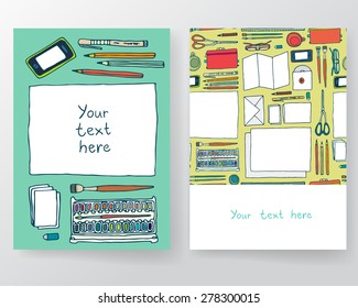 Doodle mockup illustration. Corporate identity, stationery, top view. Workspace. Brochure design template.