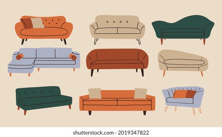 Modernes Möbelset von Doodle. Komfortables Sofa Sofa im zeitgenössischen Stil, Vektorraum-Dekoration