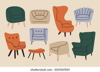 Doodle modern furniture set. Comfy chairs mid century contemporary style, vector armchairs, room decoration interior design