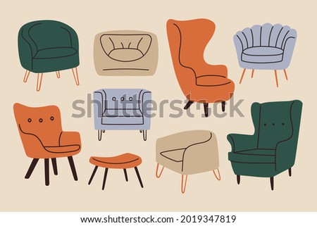 Doodle modern furniture set. Comfy chairs mid century contemporary style, vector armchairs, room decoration interior design