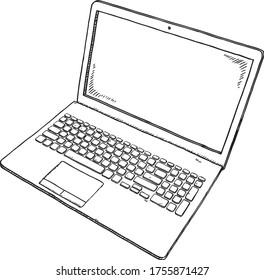 Doodle of modern laptop - sketch style black and white illustration. Black outline and white filling on transparent background.