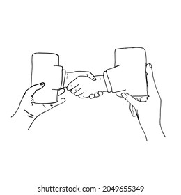 Tecnología moderna Doodle. Las manos están sosteniendo los smartphones y desde sus pantallas otras manos se están sacudiendo.