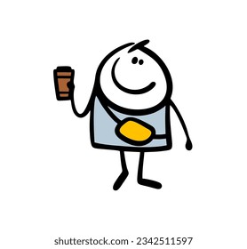 Doodle modern young male stickman with a paper cup of hot coffee and a fashionable shoulder bag walks down the street. Vector illustration of a student. Character isolated on white background.