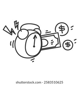 doodle money and alarm clock illustration icon