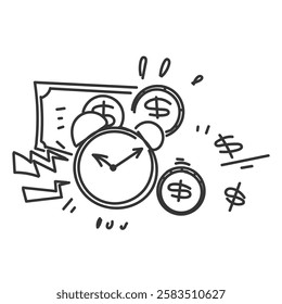 doodle money and alarm clock illustration icon