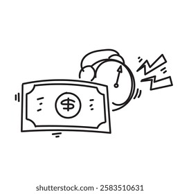 doodle money and alarm clock illustration icon