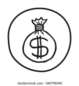 Doodle Money Bag icon. Infographic symbol in a circle. Line art style graphic design element. Web button. Money, spendings, currency, financial concept. 