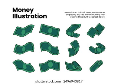 doodle money colorful element design set for print and finance business. set of doodle cash flow. raining dollar vector cartoon illustration. green falling money sign symbol flat design vector.