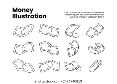 Doodle Money Line Art Element Design Set para negocios de impresión y finanzas. Conjunto de contorno de flujo de efectivo. Ilustración de dibujos animados de Vector de dólar en lluvia. Vector de diseño plano de símbolo de signo de dinero en caída verde.