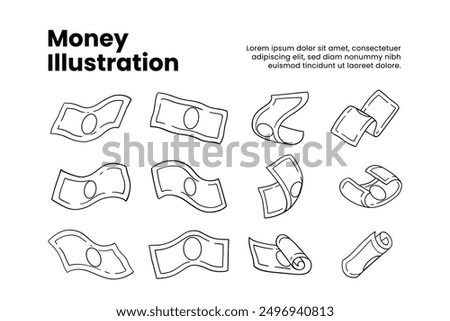 doodle money line art element design set for print and finance business. set of cash flow outline. raining dollar vector cartoon illustration. green falling money sign symbol flat design vector.