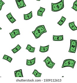 Doodle money rain. Hand drawn Dollar bills seamless pattern. Dollars flying.