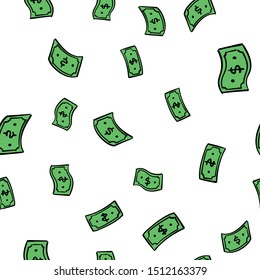 Doodle money rain. Hand drawn Dollar bills seamless pattern. Dollars flying.