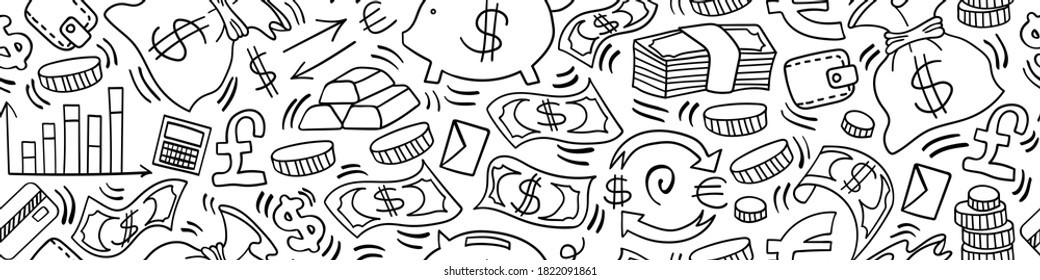 Doodle money seamless horizontal border. Outline hand drawn objects on white chalkboard. Vector illustration.