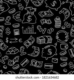 Doodle money seamless pattern. Outline hand drawn objects on black chalkboard. Vector illustration.