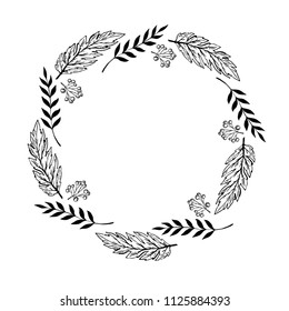 Doodle monochrome berry and leaf circle frame on a white background. Wreath of leaves. Ready template for design, postcards, printing