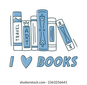 Doodle monochrome bookshelf. Vector illustration, books set icon. I love books sign. Reading books concept. Minimalism, line art.