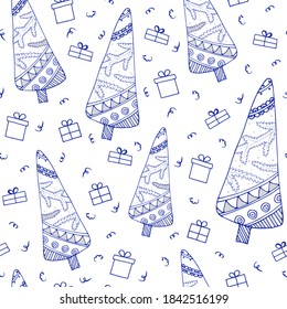 Doodle Monochrome Christmas Tree Vector Seamless Pattern with Present Box. Blue Winter Holiday repeated illustration on white background for New Year design, x-mas banner, hygge poster, sticker. EPS10