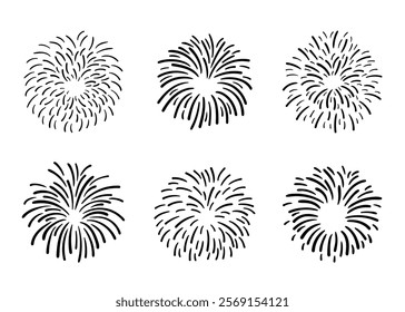 Doodle monochrome fireworks set. Collection of fireworks icons, vector illustration, isolated on white background. Holiday banner