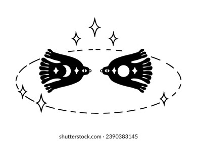 Doodle monochrome flying moon birds in the space. Magic print for tee, sticker, card, poster. Isolated vector illustration for decor and design.



