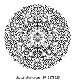 Doodle monochrome lace mandala pattern. Emblem luxury beauty spa, cosmetics, jewelry, hotel, restaurant. Wedding elegant outline frame. Vector floral luxury curve logo design. Round gold ornate frame.