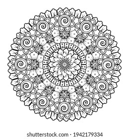 Doodle monochrome lace mandala pattern. Emblem luxury beauty spa, cosmetics, jewelry, hotel, restaurant. Wedding elegant outline frame. Vector floral luxury curve logo design. Round gold ornate frame.