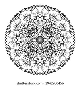 Doodle monochrome lace mandala pattern. Emblem luxury beauty spa, cosmetics, jewelry, hotel, restaurant. Wedding elegant outline frame. Vector floral luxury curve logo design. Round gold ornate frame.