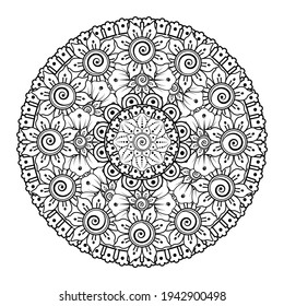 Doodle monochrome lace mandala pattern. Emblem luxury beauty spa, cosmetics, jewelry, hotel, restaurant. Wedding elegant outline frame. Vector floral luxury curve logo design. Round gold ornate frame.