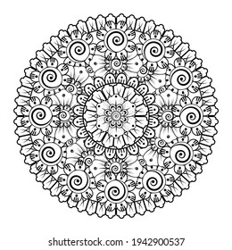 Doodle monochrome lace mandala pattern. Emblem luxury beauty spa, cosmetics, jewelry, hotel, restaurant. Wedding elegant outline frame. Vector floral luxury curve logo design. Round gold ornate frame.