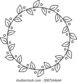 Doodle monochrome leaf circle frame on a black background. Wreath of leaves. Ready template for design, postcards, printing