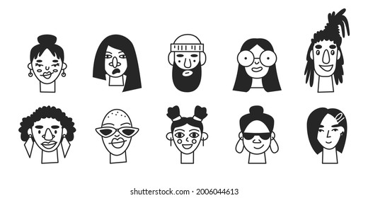 Doodle monochrome monoline people portrait isolated. Line male and female user profile avatars. Trendy hand-drawn human icons collection. Happy minimal characters. Vector simple sketch illustration