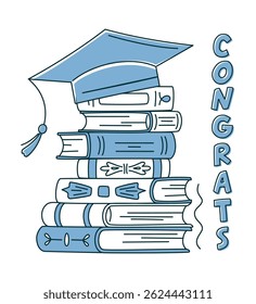 Doodle monochrome stack of books topped with traditional graduation. Vector illustration, books set icon. Congrats sign. Congratulating banner. Isolated concept for graduation design, card, poster
