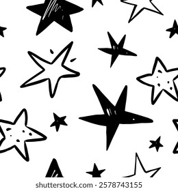 Doodle monochrome  stars, hand drawn vector seamless pattern