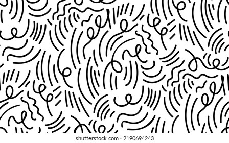 Doodle Monochrome Striped Black White Hand Drawn Geometric Seamless Background, Vector Illustration
