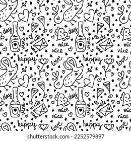 Doodle monochrome Valentine nahtlose Muster mit süßen Mäusen. Perfekt für die Verpackung von Papier, Hintergrund, Stoff, Textilien. Vektorgrafik im Retro-Stil für Dekoration und Design.


