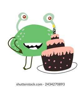 Doodle monster with cake for celebration graphic. Vector illustration of cute doodle characters for invitation design, menu background, greeting card. 