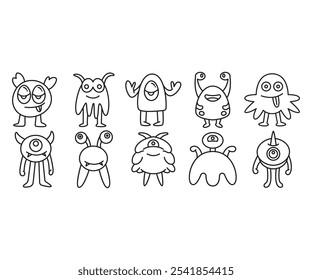doodle monster character line icons set