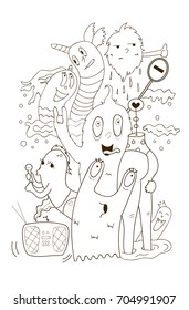 doodle monster hand drawing style.Vector illustration coloring page 