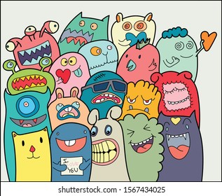 Doodle monster  hand drawn vector illustration.Valentine's day greeting card. Cute cartoon characters with red hearts.